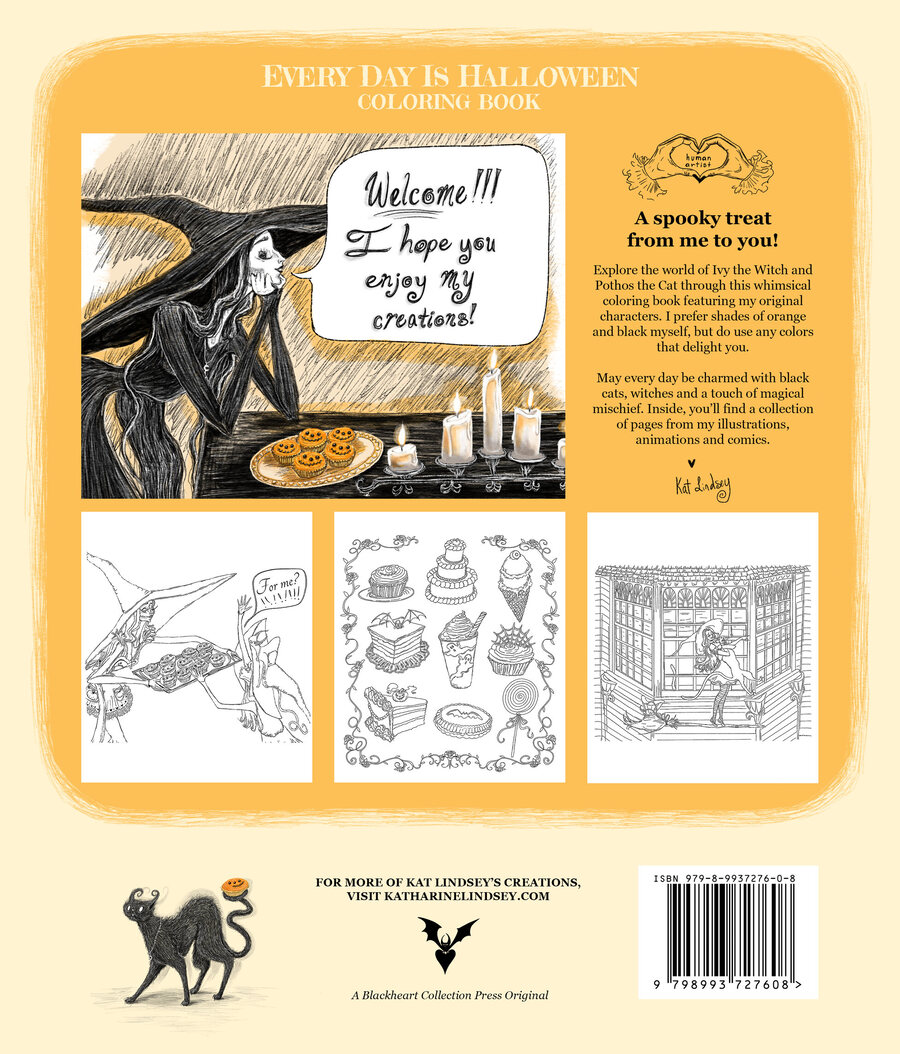 The back cover of Every Day Is Halloween, with Ivy and Pothos and a description of the book.