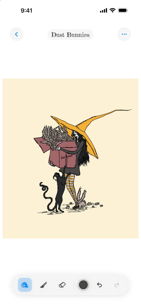 Dust Bunnies colored in the app: Ivy in a marigold hat carrying a box of dust bunnies, Pothos at her feet.