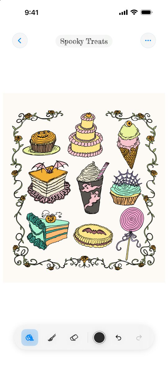 Spooky Treats colored in the app in Katharine's colors, with the fill, brush and eraser tools below.
