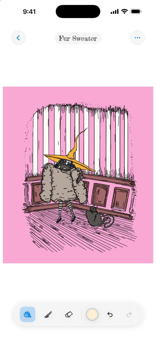 Fur Sweater colored in the app: Ivy in a fuzzy coat and a marigold hat against pink stripes.